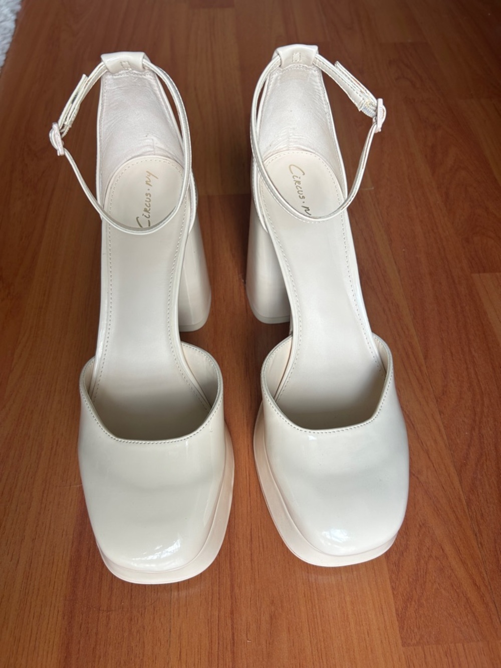 Cream Patent Platform Ankle-Strap Heels